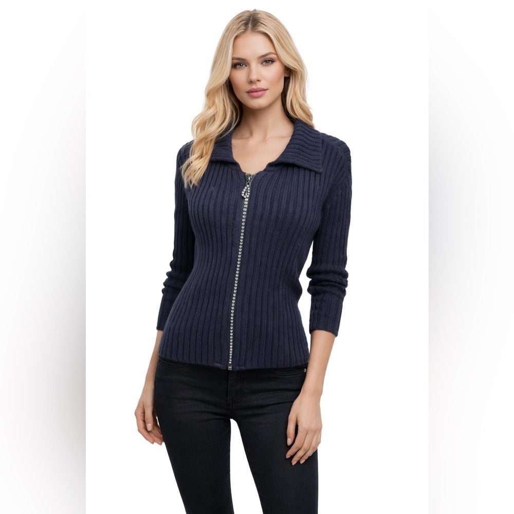 Nancy Knits Ribbed Zip Cardigan Sweater L Black Rhinestone Zip Long Sleeve